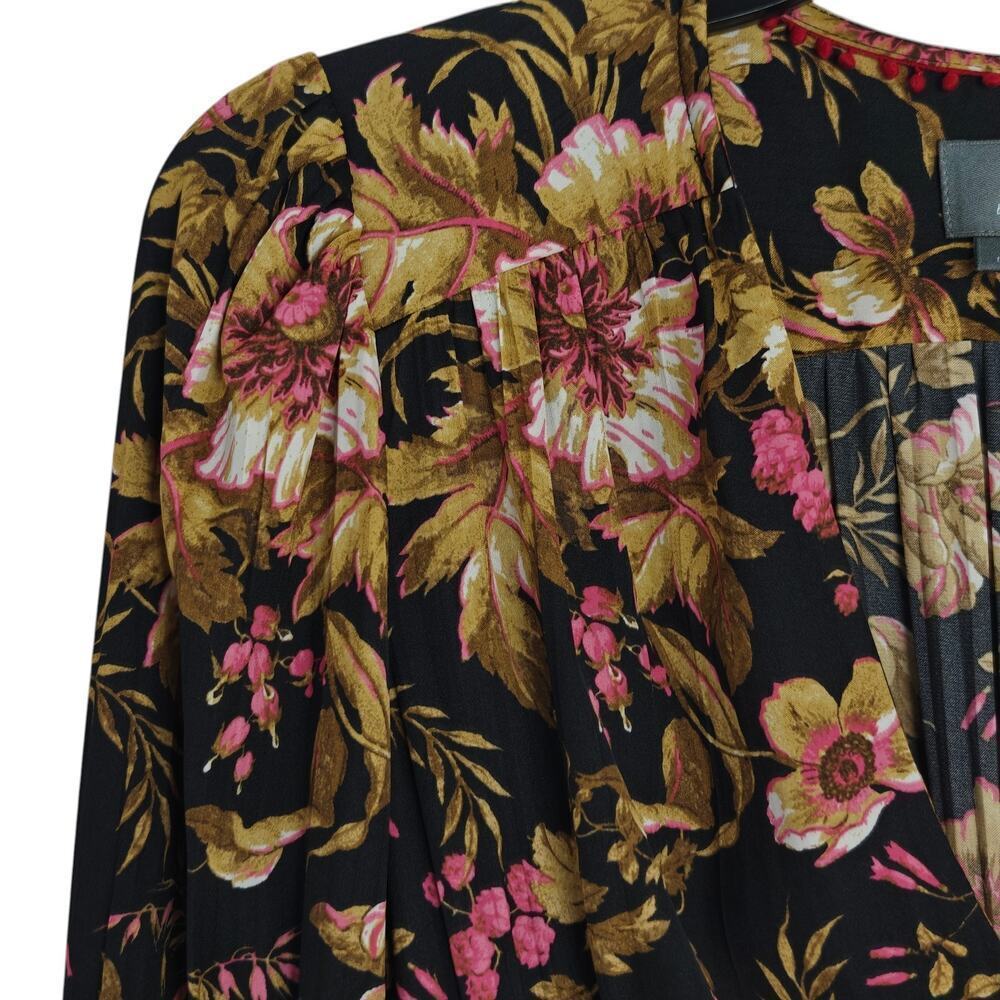 Anthropologie Deep V Floral Tunic Blouse Top Size Small Long Sleeves Romantic - Picture 3 of 14